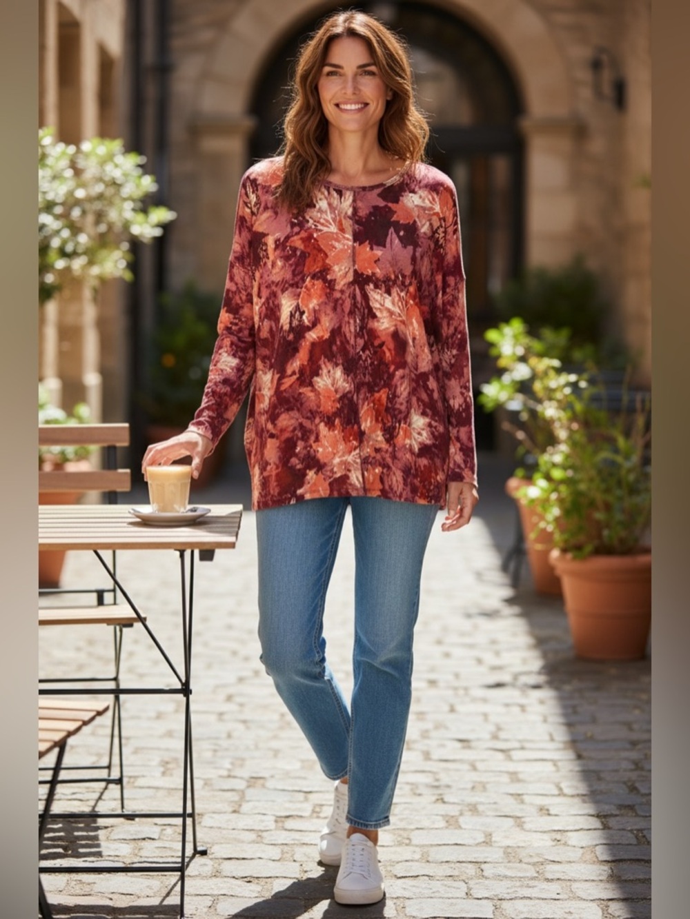 Westbound Women's Long-Sleeve Fall Leaf Print Top - Burgundy